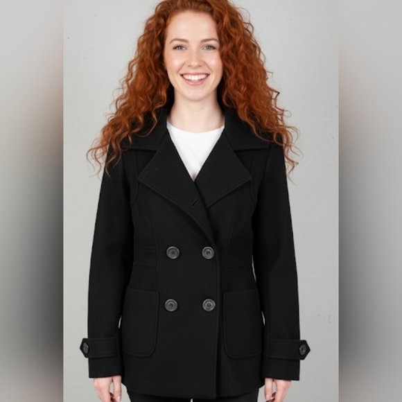 Elegant Black Double-Breasted Pea Coat - Picture 1 of 10
